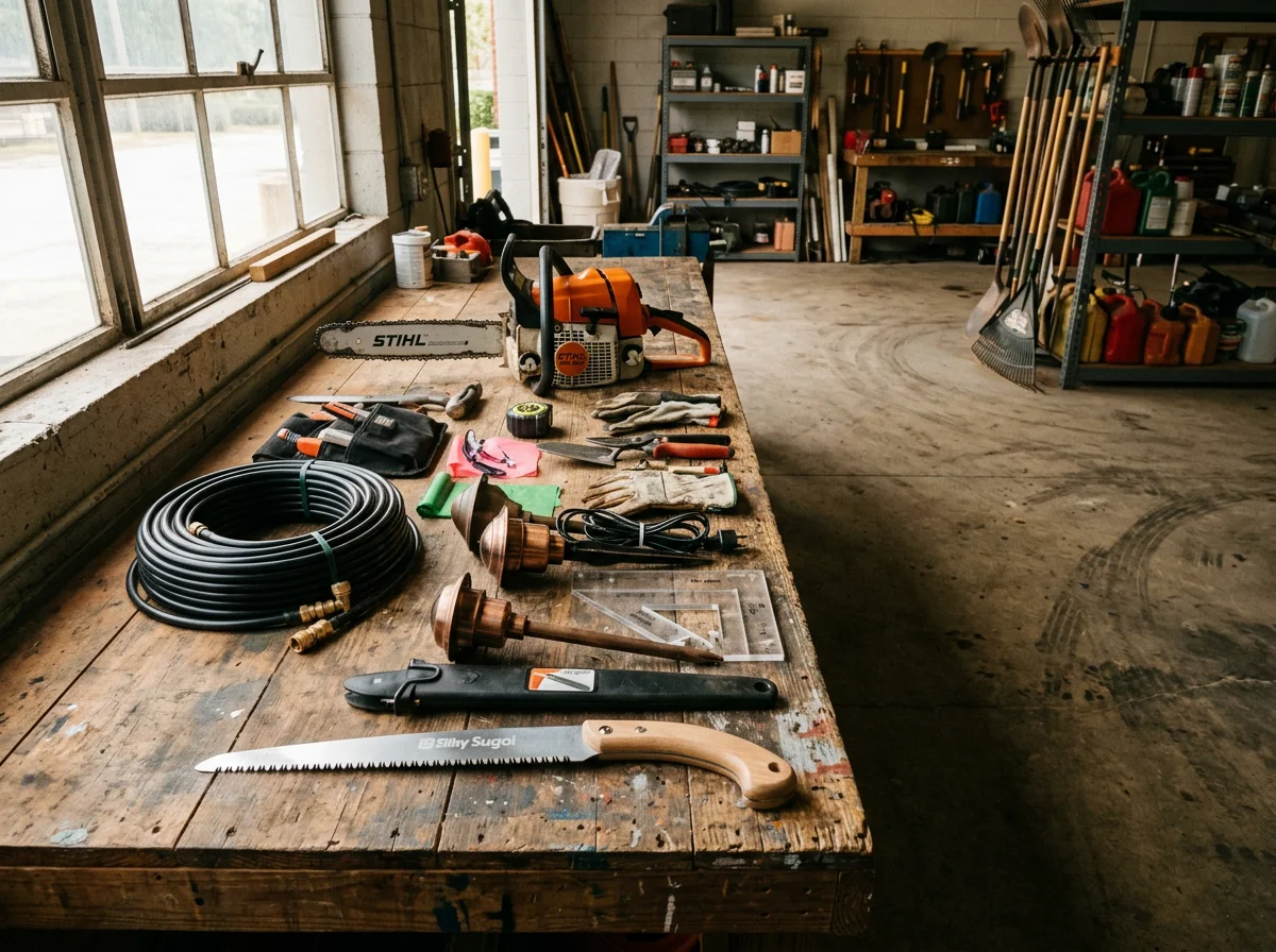 Outdoor landscaping tools and equipment arranged on a work surface, representing the range of services from hardscaping to irrigation.
