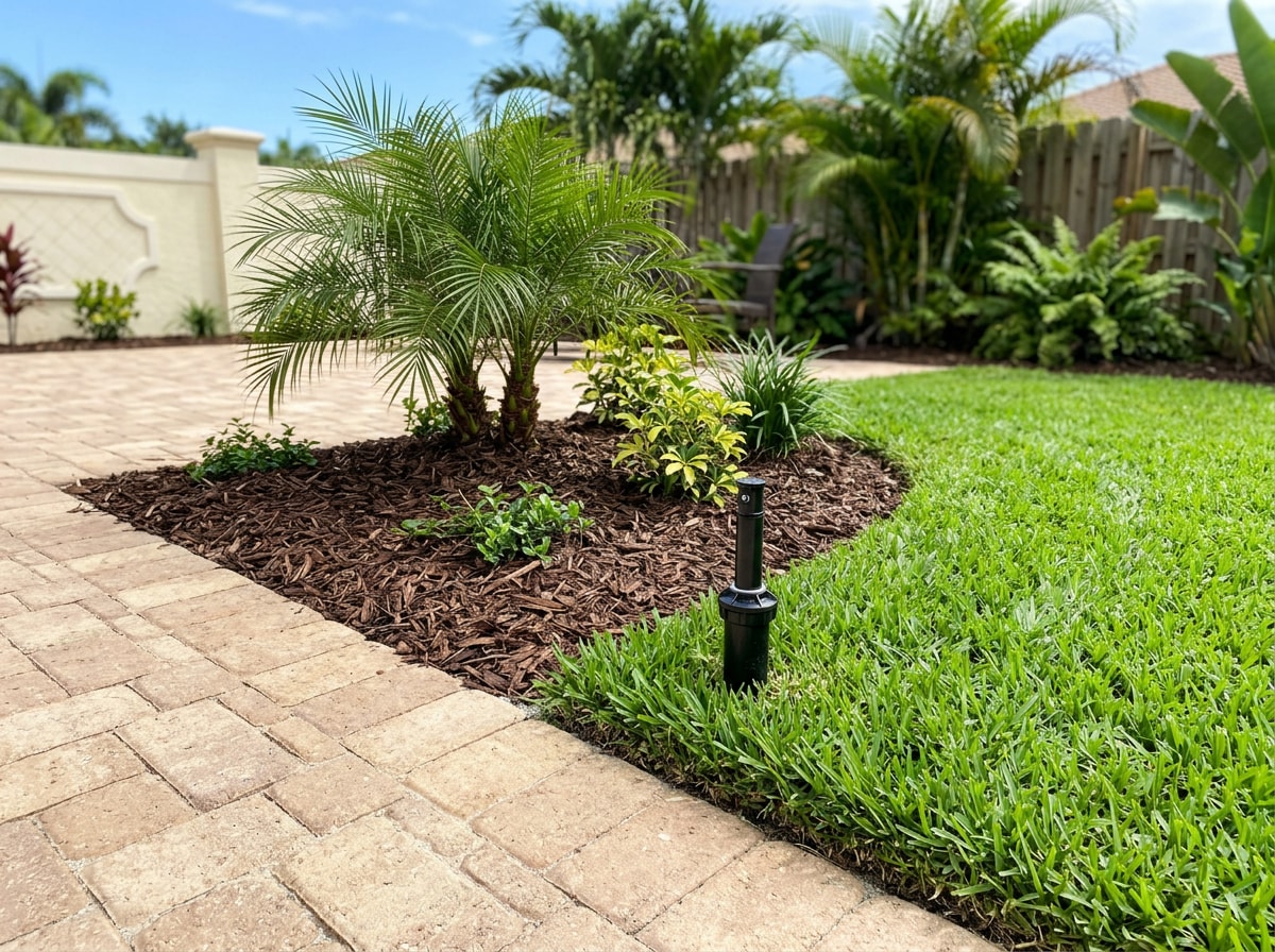 Finished backyard landscaping project in a Lake Nona, FL home with sod, paver patio, and tropical plantings