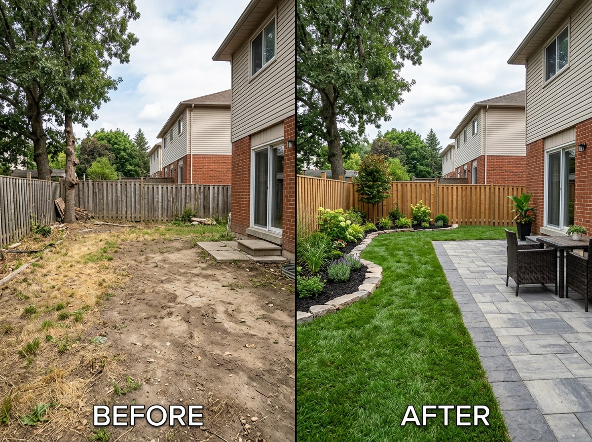 Before and after photo of a mid-tier backyard landscaping transformation with new sod, patio pavers, and updated plant beds