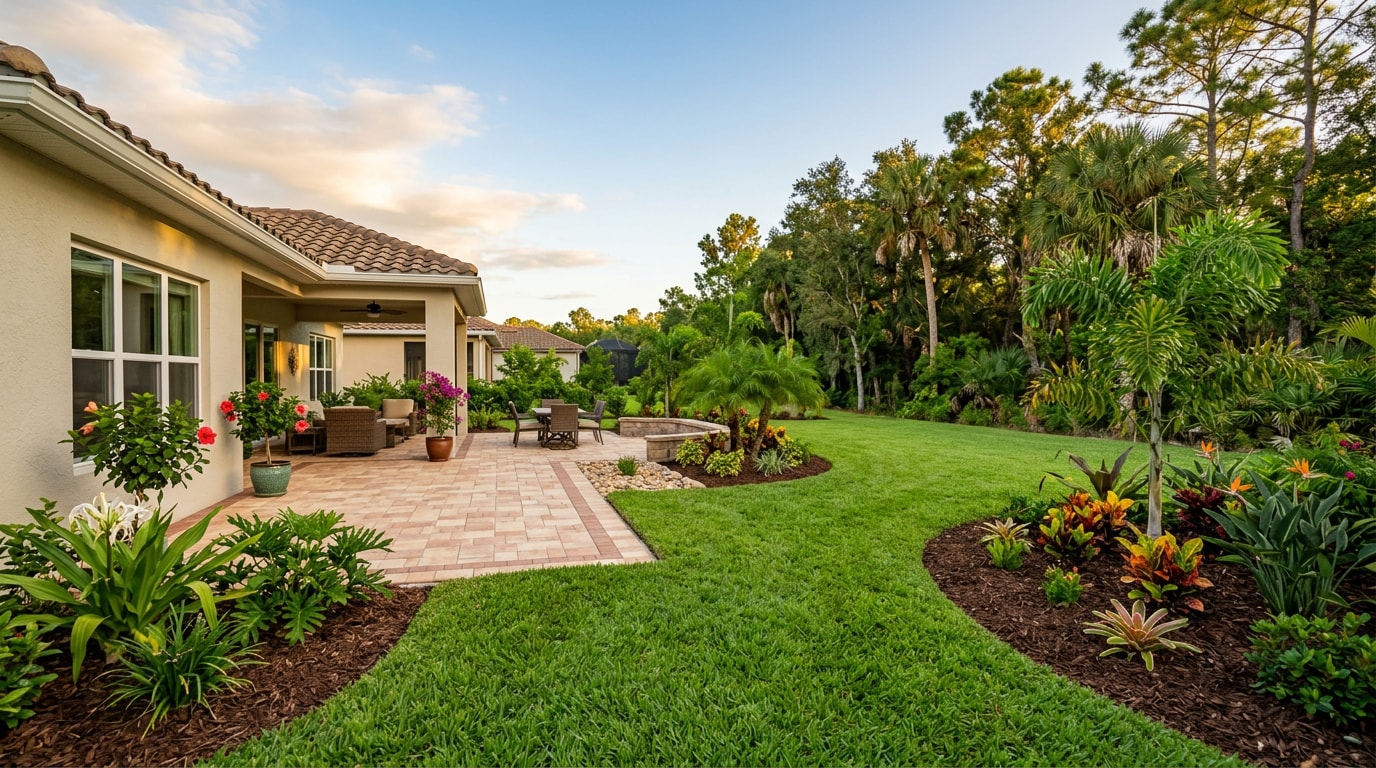 Finished backyard landscaping project in Lake Nona, FL with sod, paver patio, and tropical plantings