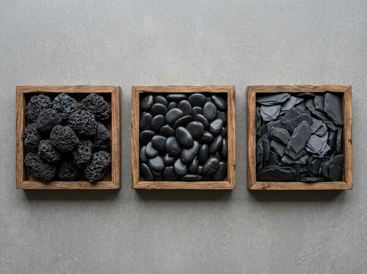 Side-by-side comparison of black lava rock, polished black pebbles, and black slate chips in a planting bed