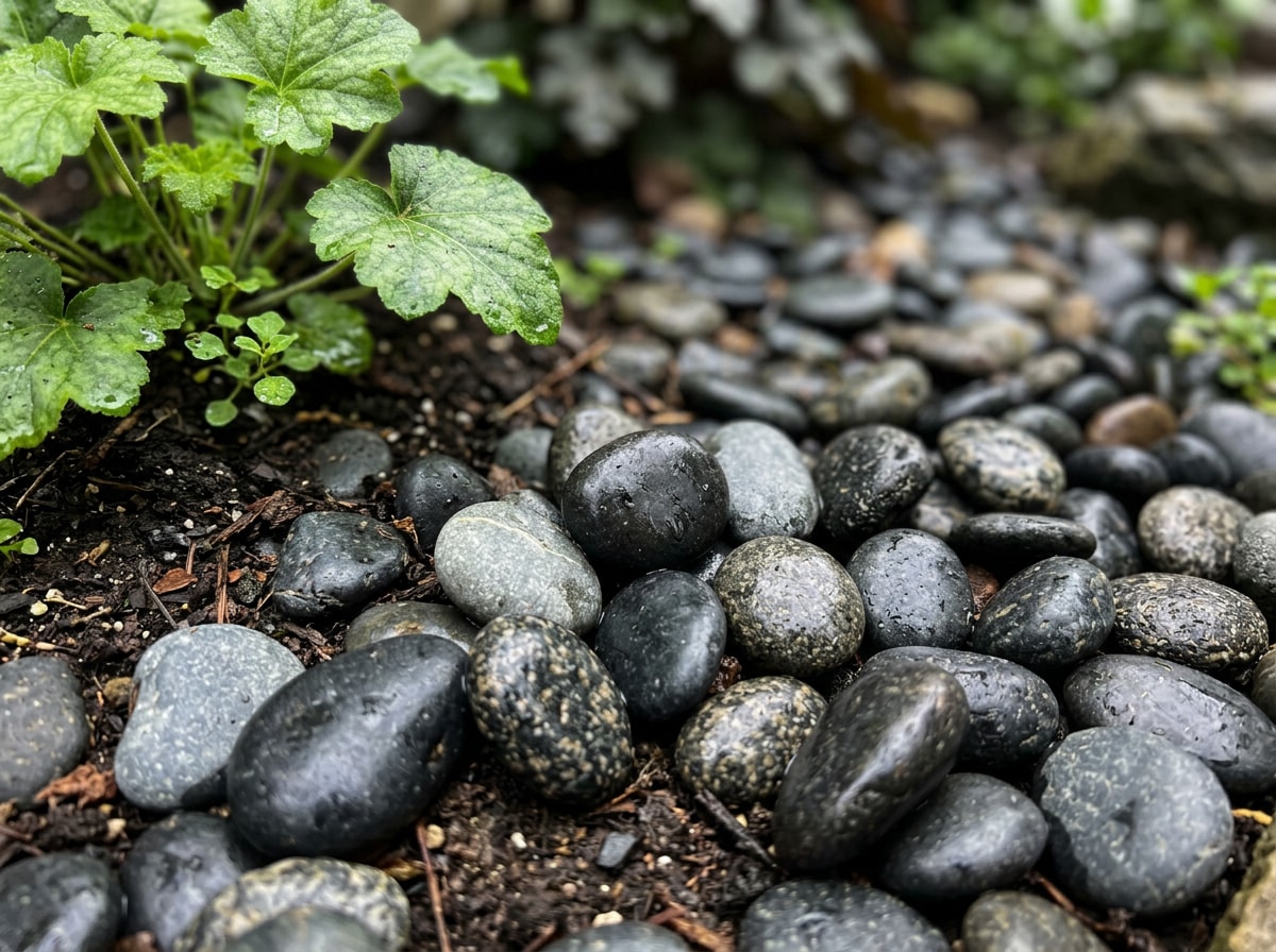 Close-up of polished black pebbles in a planting bed showing natural color variation
