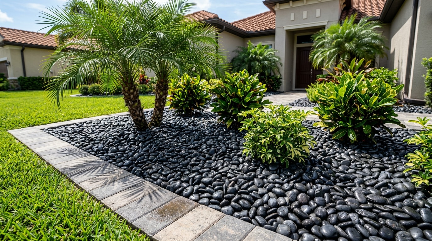 Black landscaping stone bed installed around tropical plants in a Florida front yard