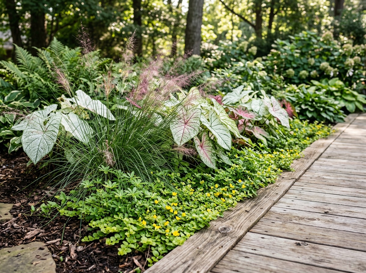 Layered garden bed with ornamental grasses and caladiums beside a wood deck