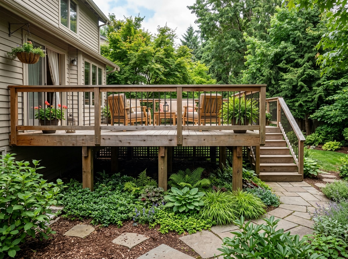 Raised wood deck with low foliage planted around support posts and skirting