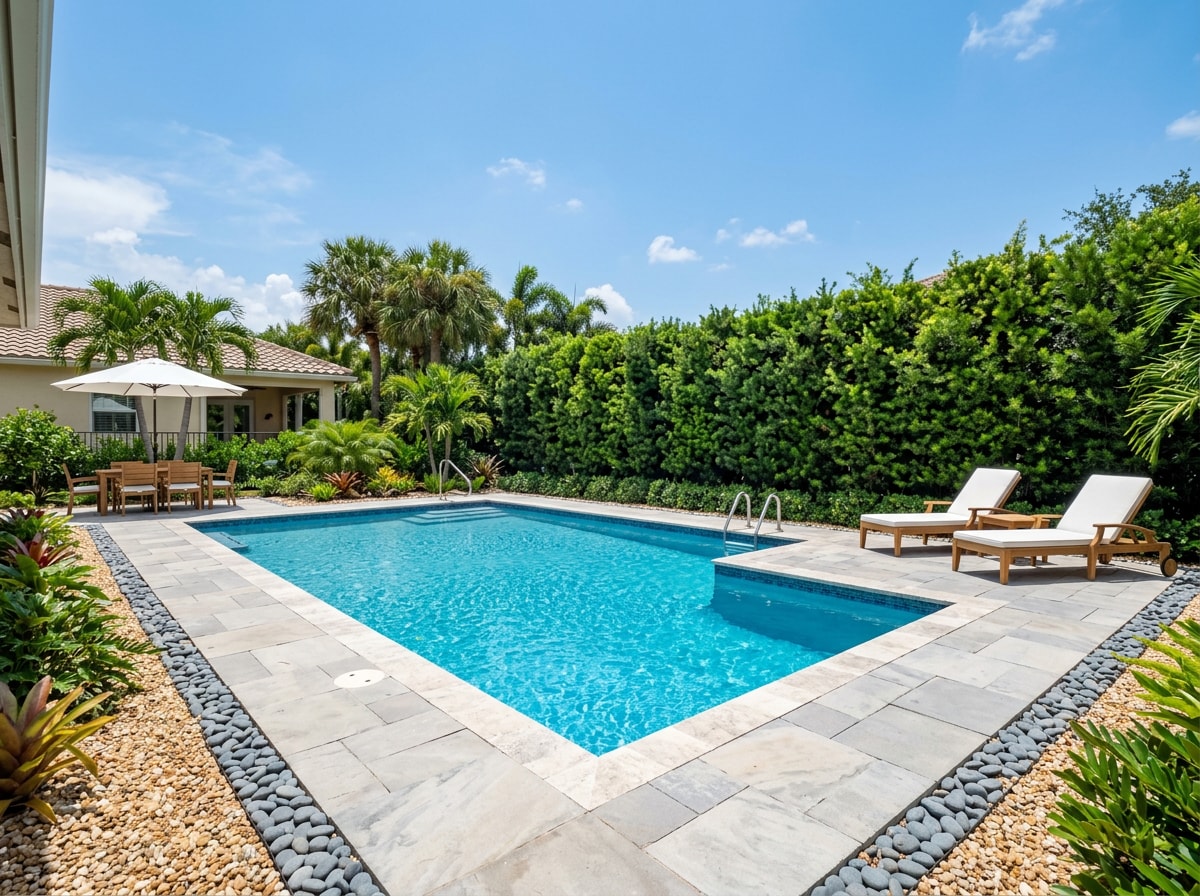 Pool deck landscaping with evergreen privacy shrubs and gravel border