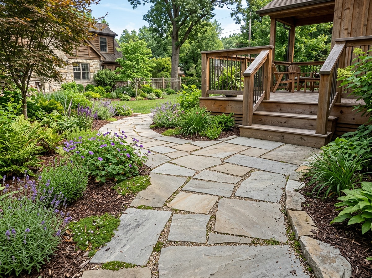 Stone pathway leading to a wood deck with permeable paver joints