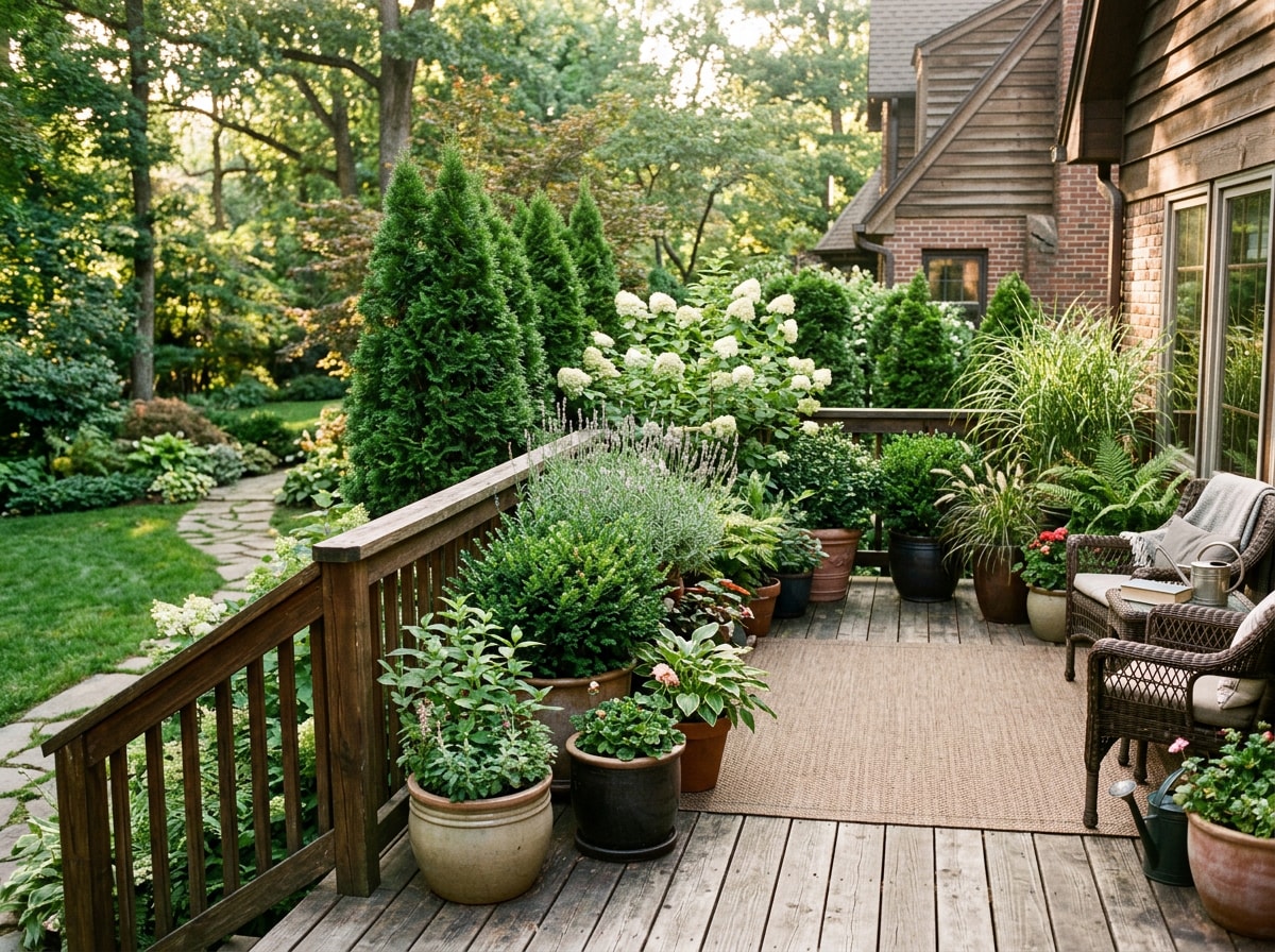 Privacy planters and layered shrubs alongside a deck railing