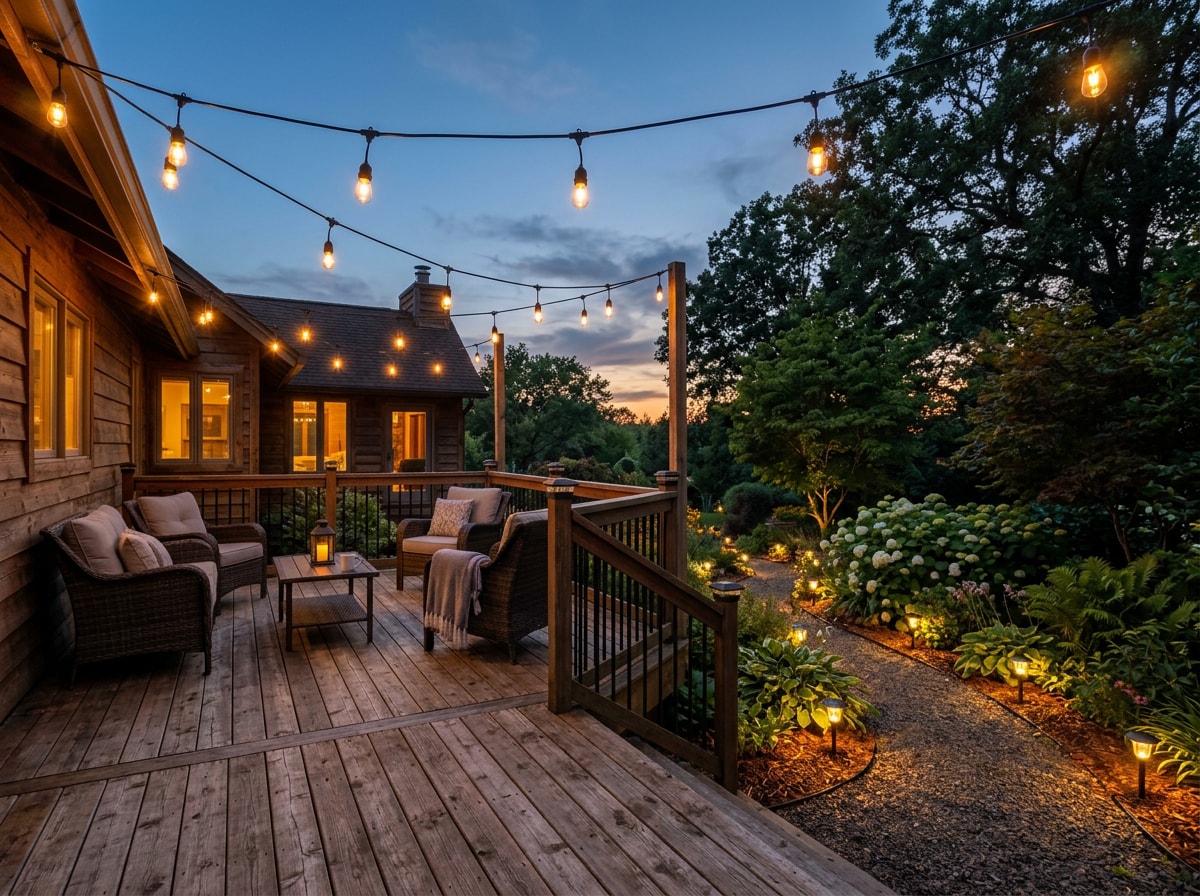 Deck with string lights overhead and solar path lights along a garden bed