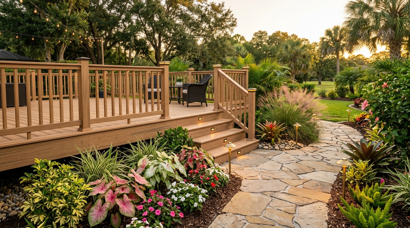 Landscaped backyard deck in Oviedo, FL with layered plantings and stone pathway Landscaped backyard deck in Oviedo, FL with layered plantings and stone pathway