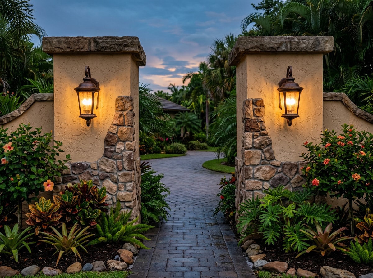 Stone entrance pillars with integrated lighting at a driveway entrance