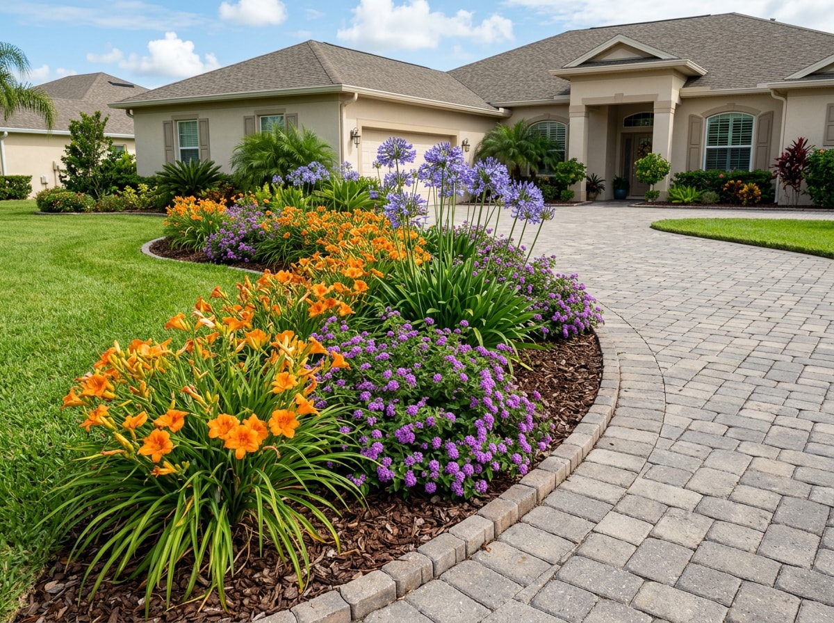 Perennial flower bed with daylilies and lantana lining a driveway entrance
