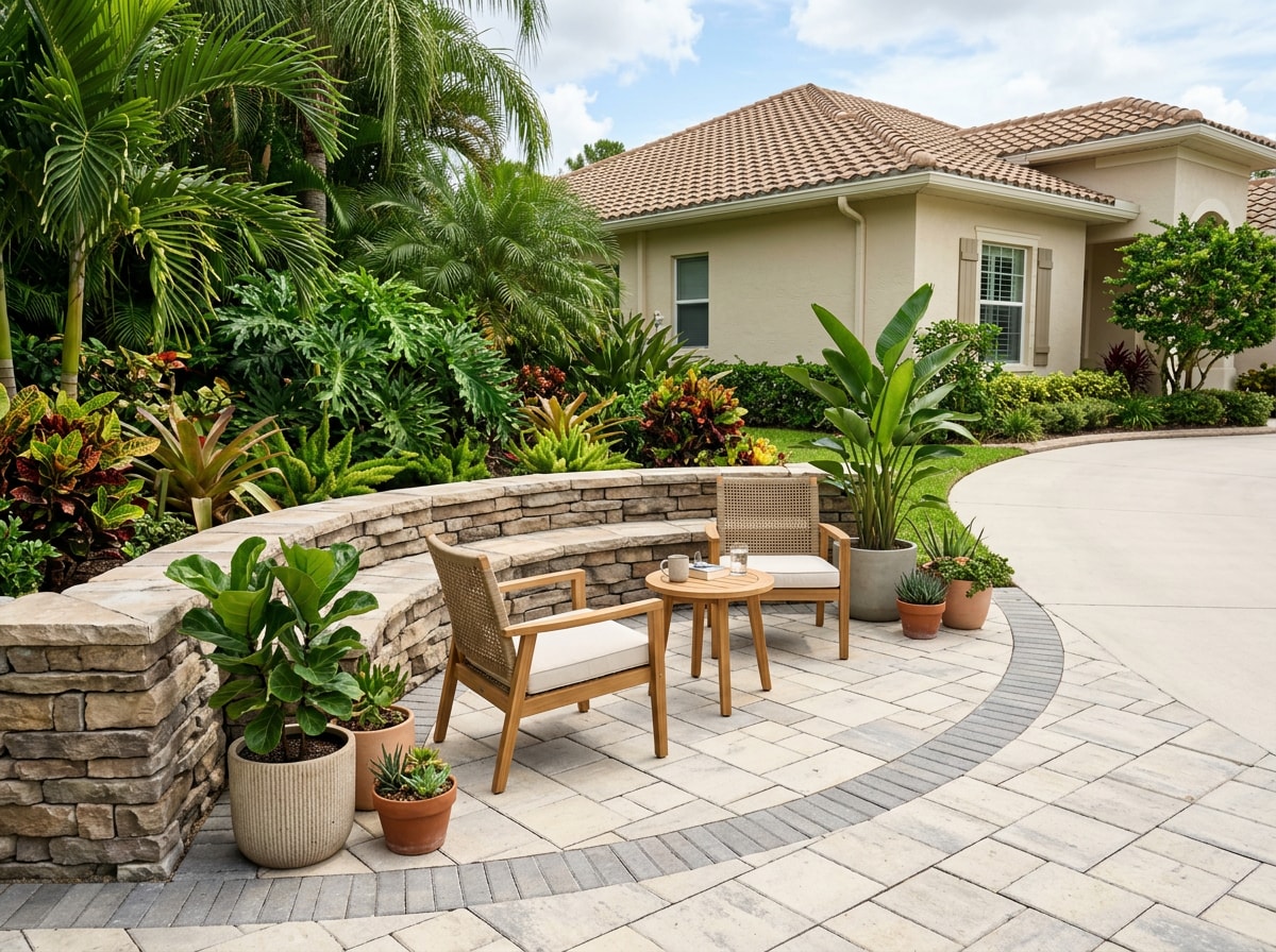 Paver patio and low stone wall creating a seating nook near a driveway entrance