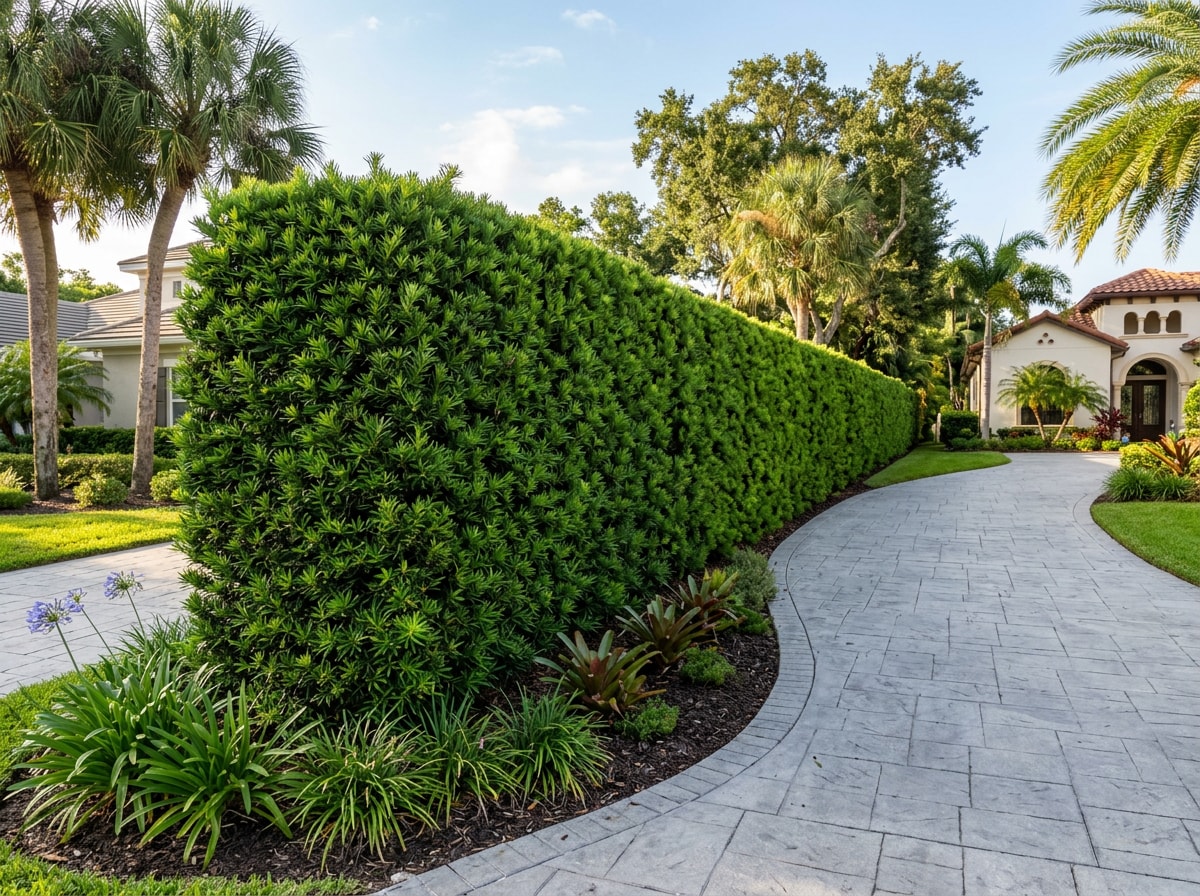 Evergreen podocarpus hedge providing privacy along a driveway entrance
