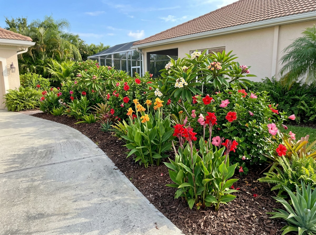 Tropical plant border with hibiscus and canna lily along a driveway edge