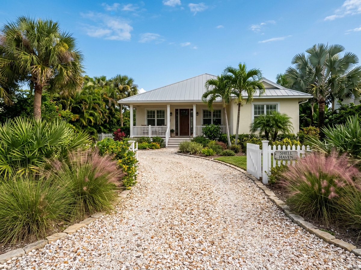 Crushed shell driveway entrance with coastal-style landscaping