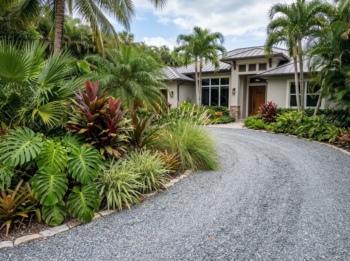 Gravel driveway bordered by lush tropical landscaping