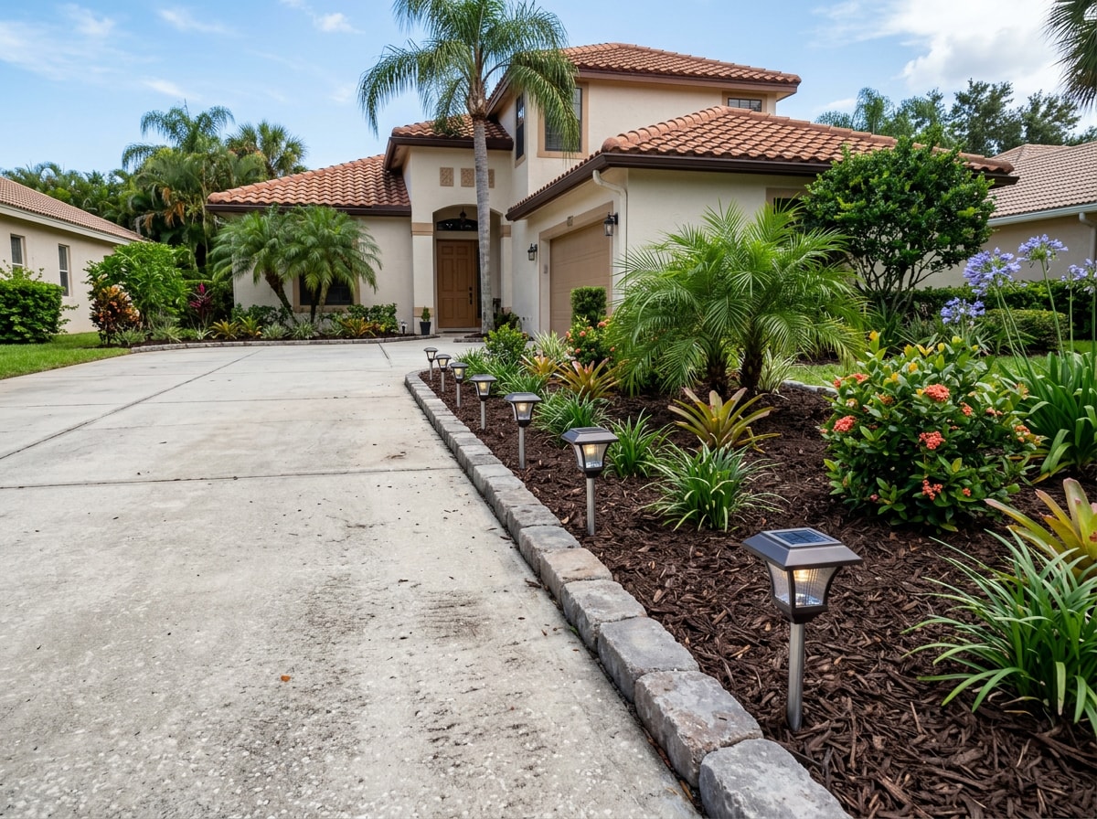 Low-cost driveway upgrades including stone edging and solar lighting