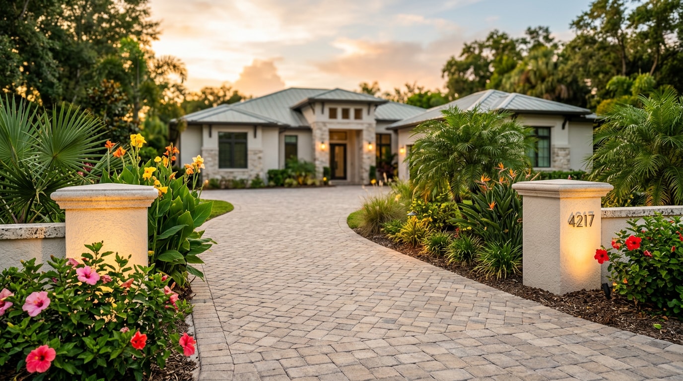 End of driveway landscaping with stone pillars and tropical plants at a Windermere, FL home