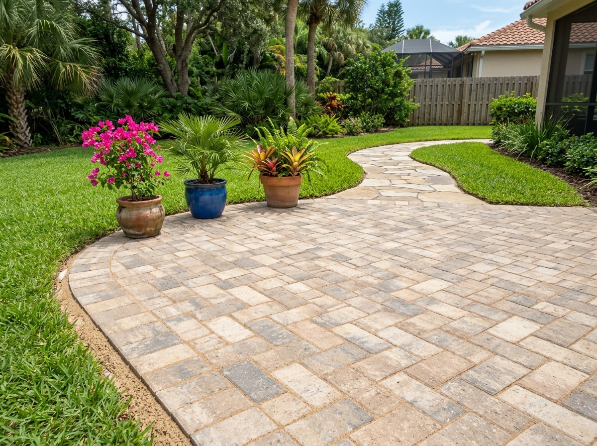 Paver patio installation in a Lake Mary, FL backyard with stone walkway and seating area