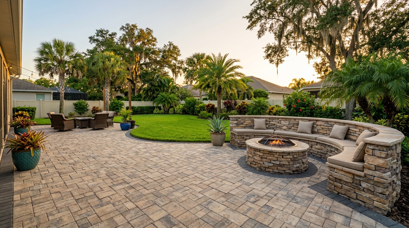 Finished paver patio with stacked stone retaining wall and fire pit in a Lake Mary, FL backyard Finished paver patio with stacked stone retaining wall and fire pit in a Lake Mary, FL backyard
