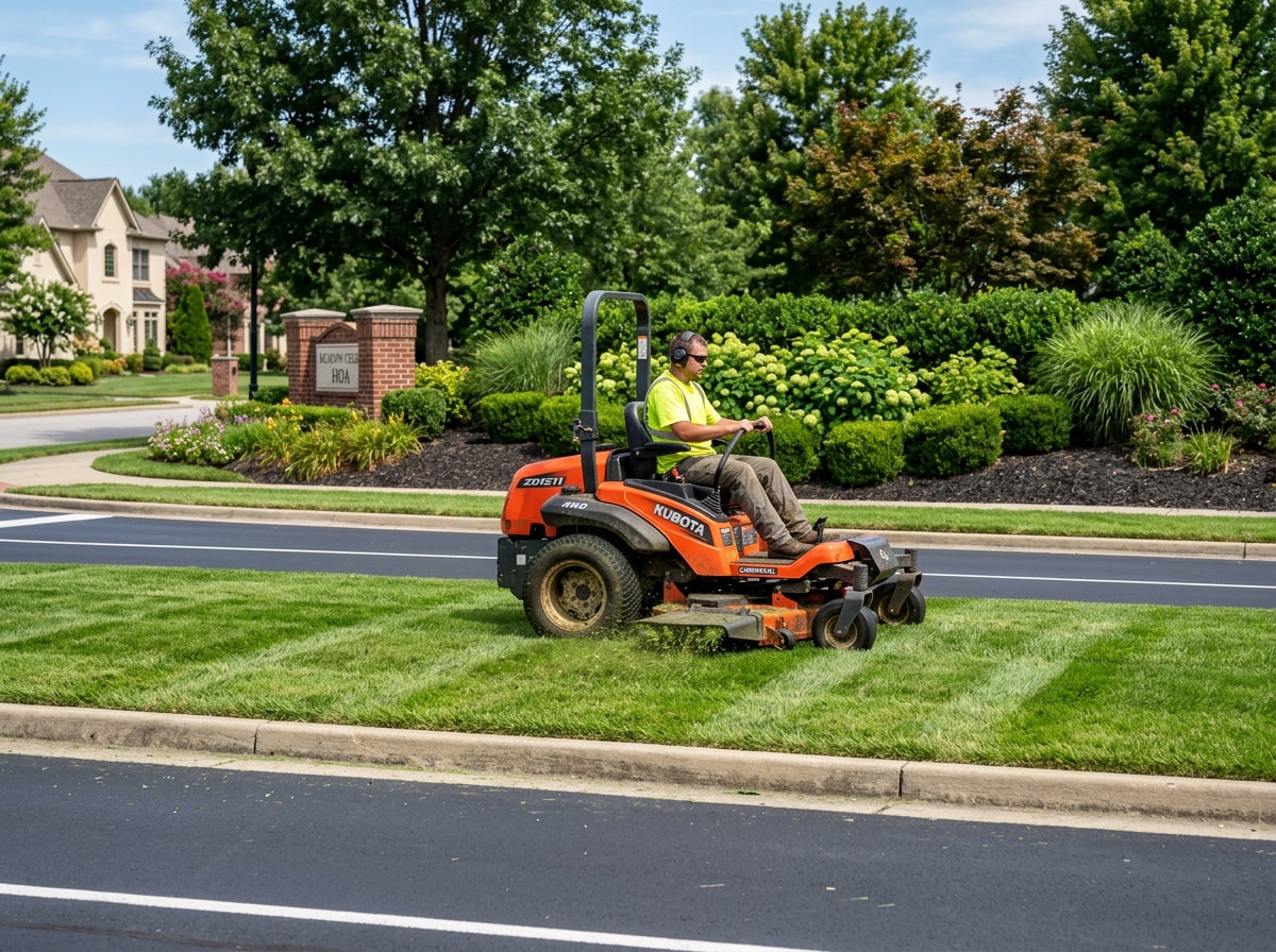 Landscaping crew maintaining a Winter Park HOA common area on a scheduled mowing day