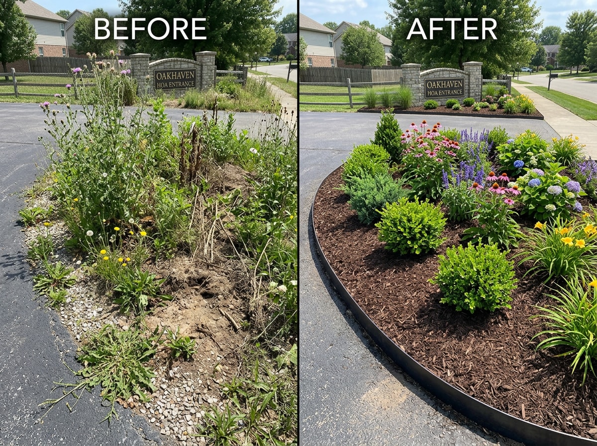 Before and after photo of a newly installed HOA entrance landscape bed with fresh mulch and plantings
