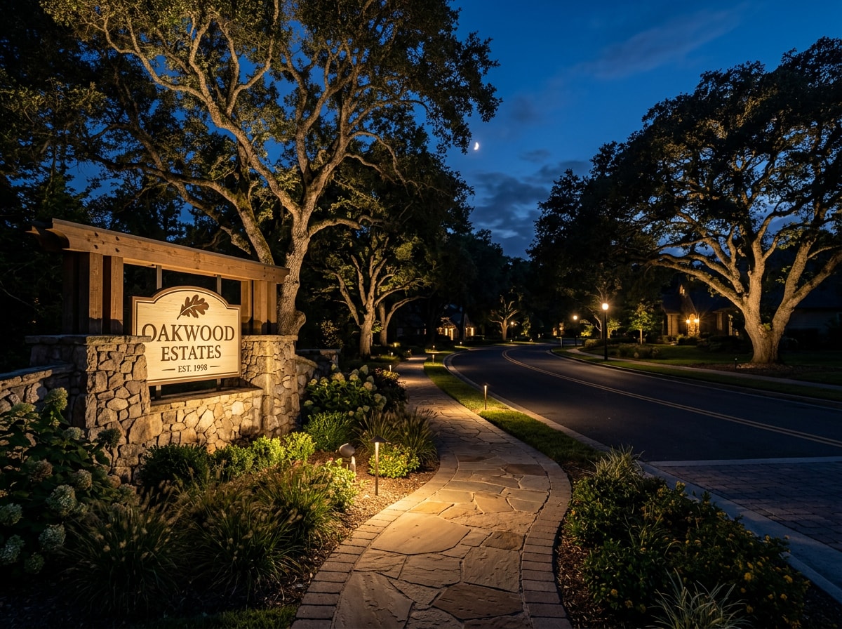 Illuminated HOA entrance landscaping with uplit trees and pathway lighting