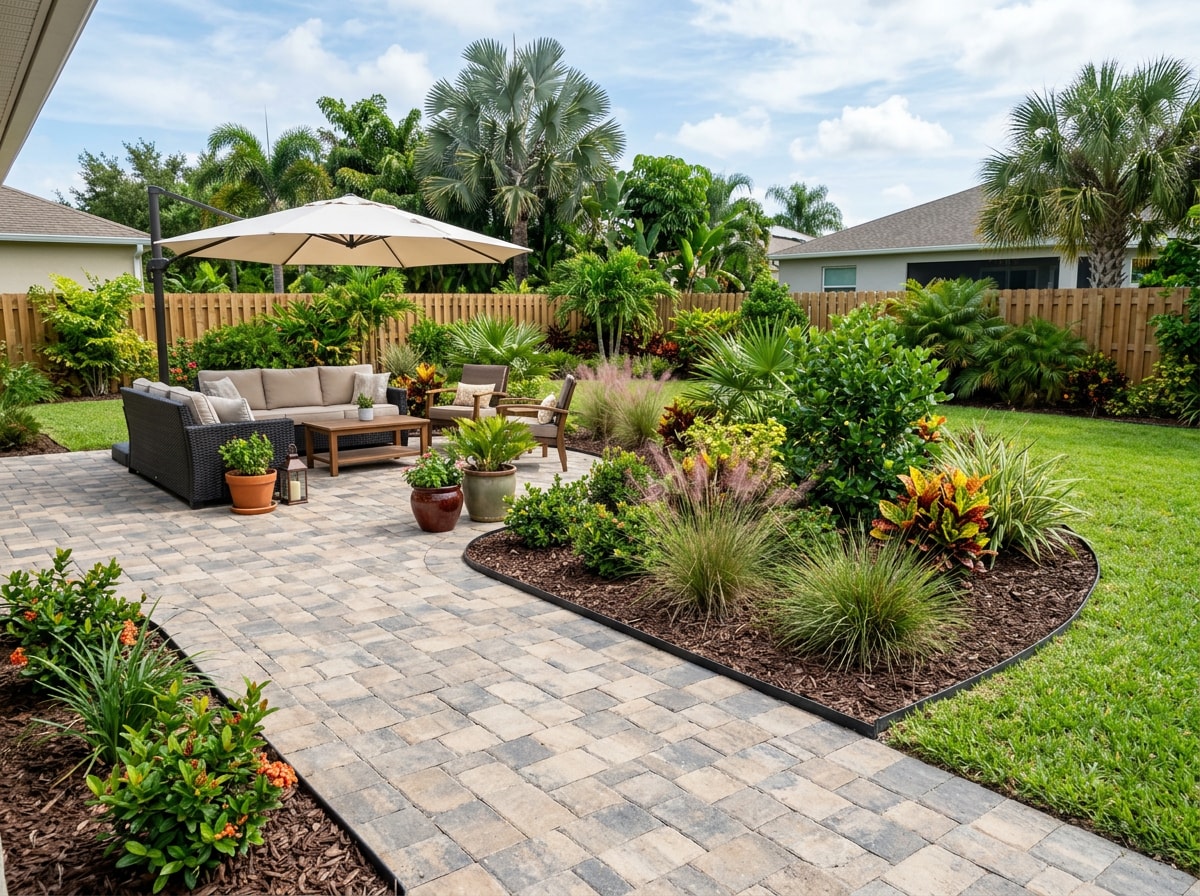 Completed landscape installation with paver patio and layered planting bed in a Windermere, FL backyard