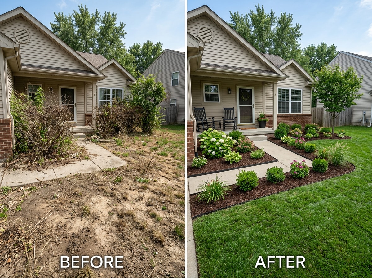 Before and after photo of a Windermere, FL yard transformed by a new landscape installation