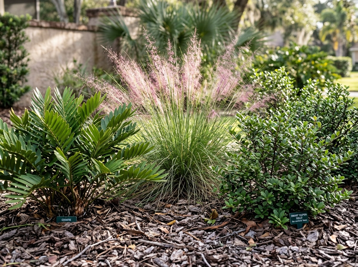 Drought-tolerant Florida-friendly planting bed with native shrubs and groundcover in a Windermere yard