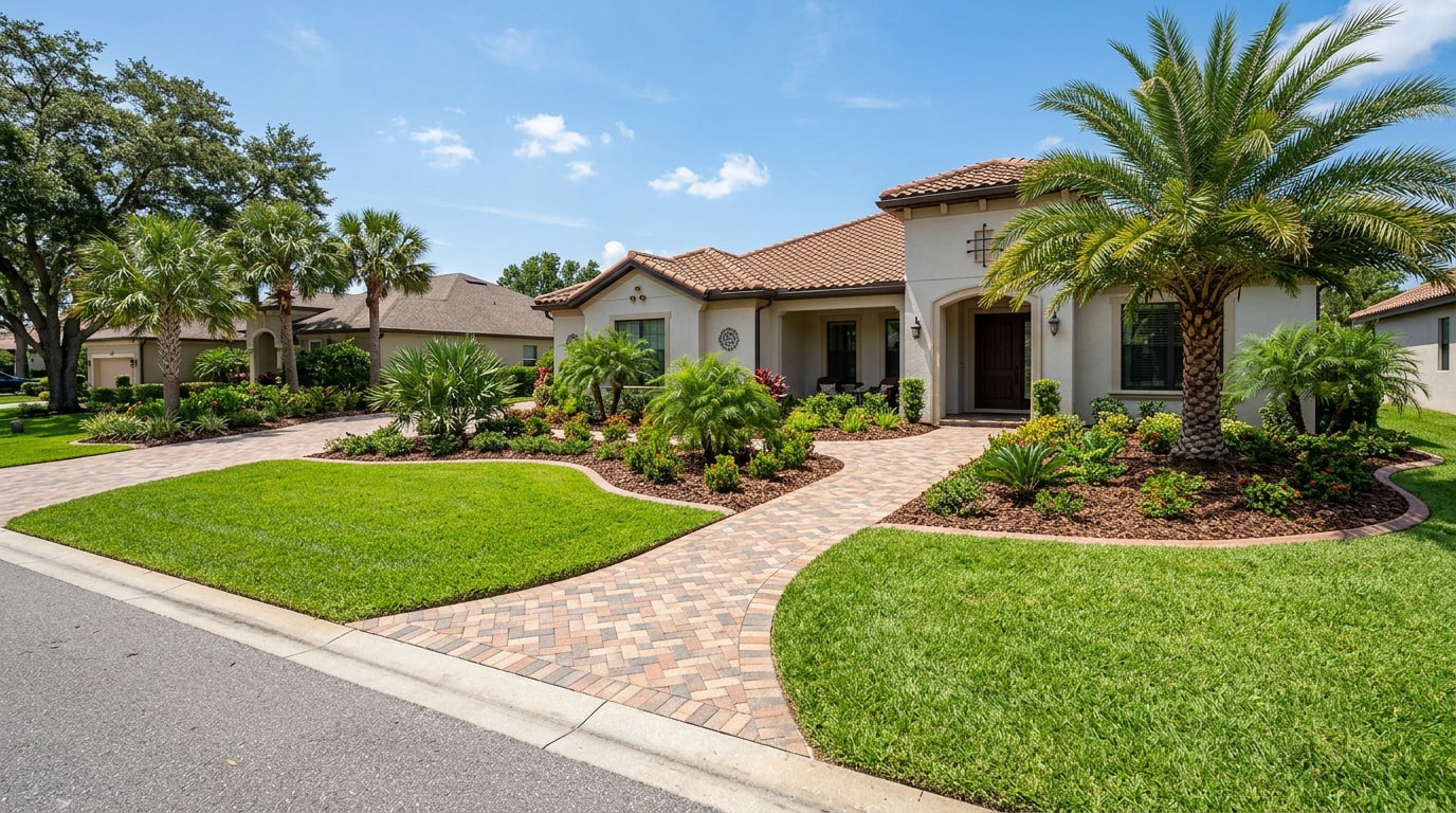 Professional landscape installation in Windermere, FL with new sod, planting beds, and paver walkway Professional landscape installation in Windermere, FL with new sod, planting beds, and paver walkway