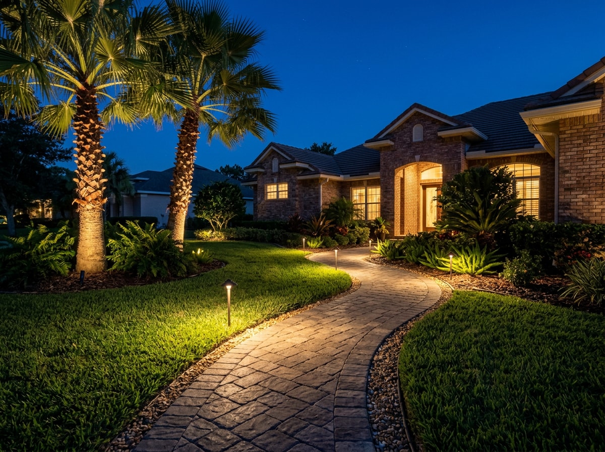 Landscaping lights wired along an Oviedo FL walkway with path lights and uplighting on palm trees