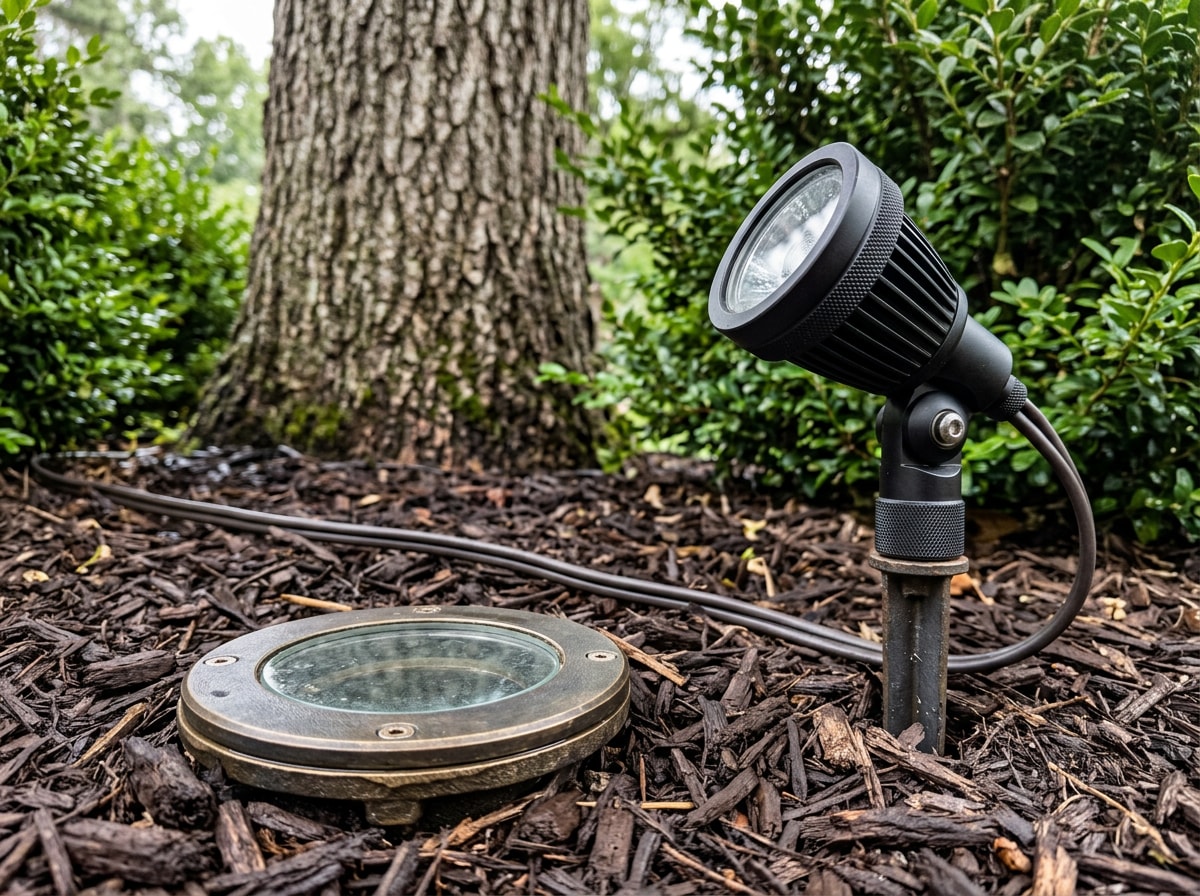 Close-up of an in-ground well light and low-voltage spotlight installed in an Oviedo landscape bed