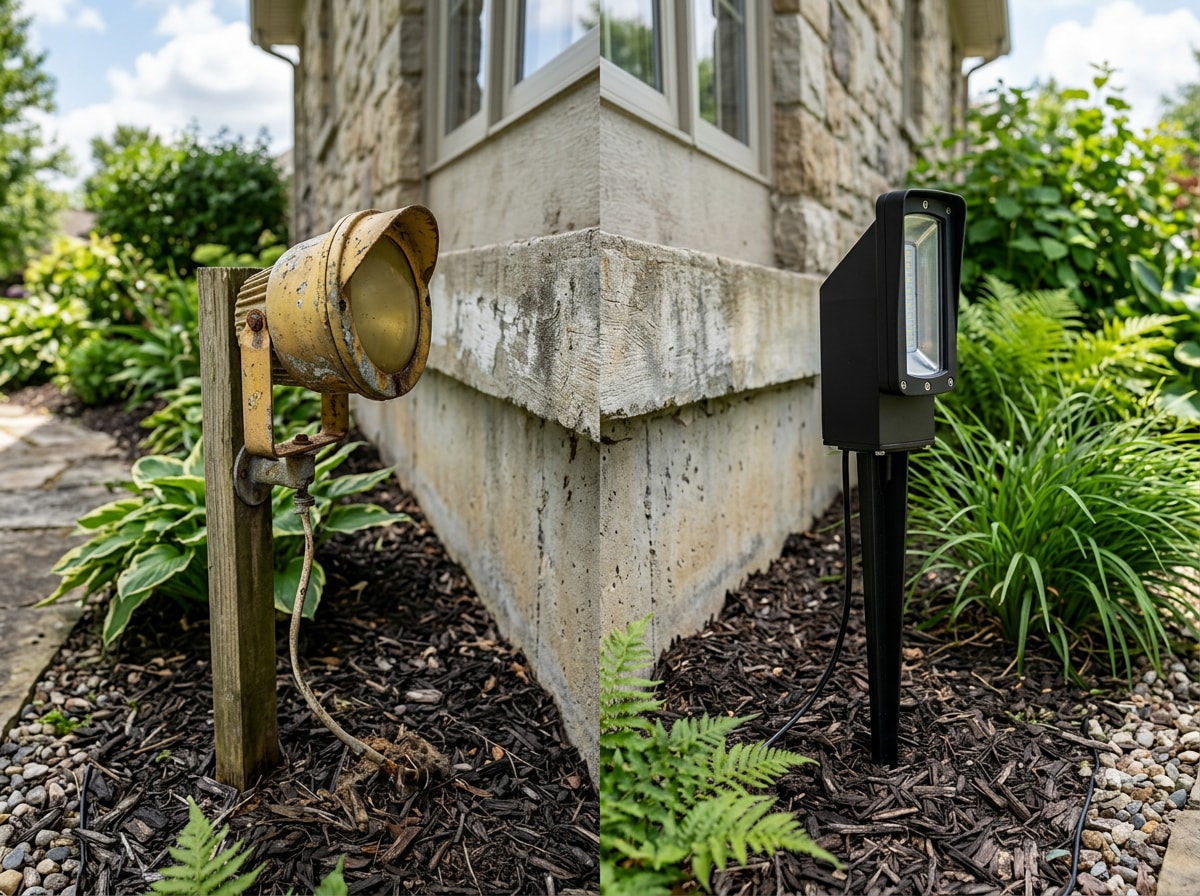 LED landscape light fixture replacing an older halogen bulb along an Oviedo home's exterior