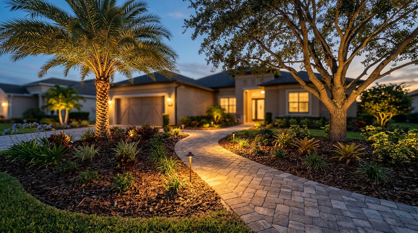 Wired landscape lighting illuminating a paver walkway and palm trees at dusk in Oviedo, FL