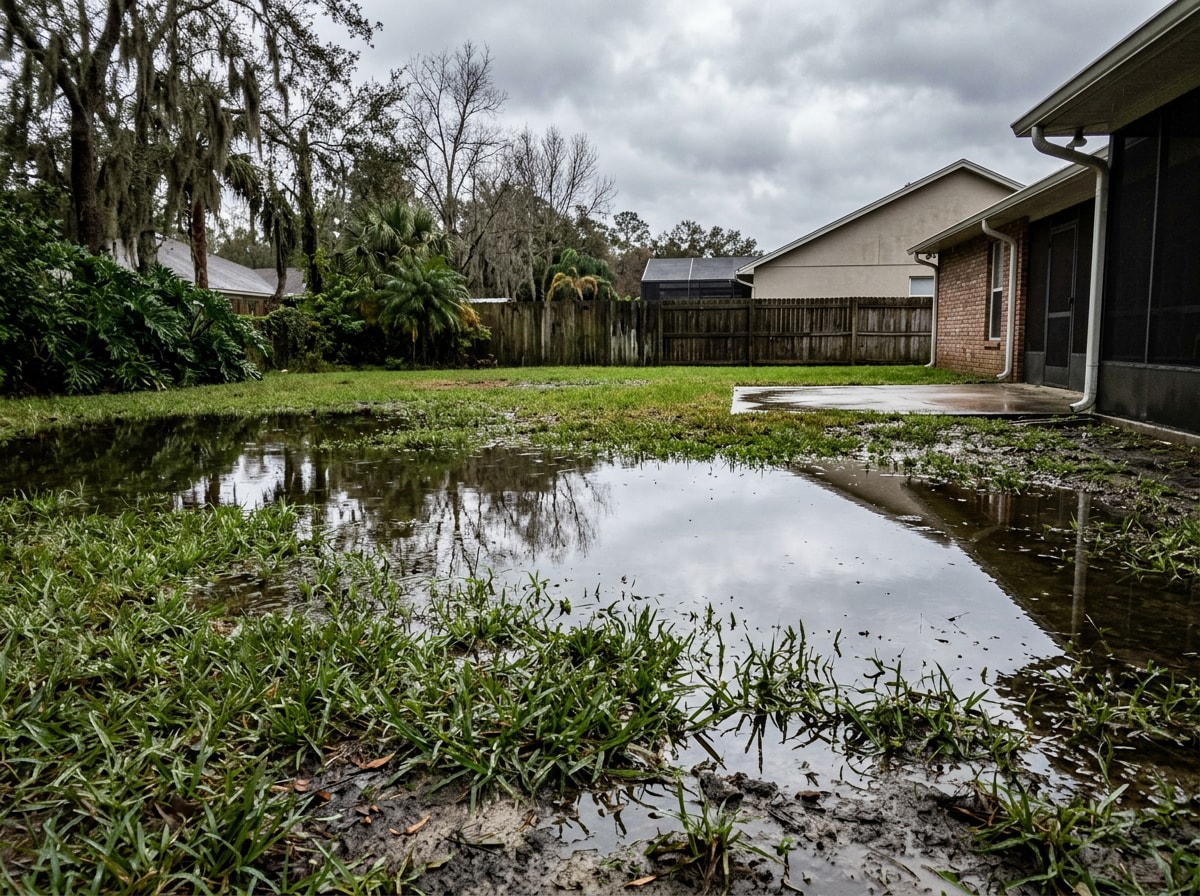 Standing water pooling in a Sanford, FL backyard before French drain installation
