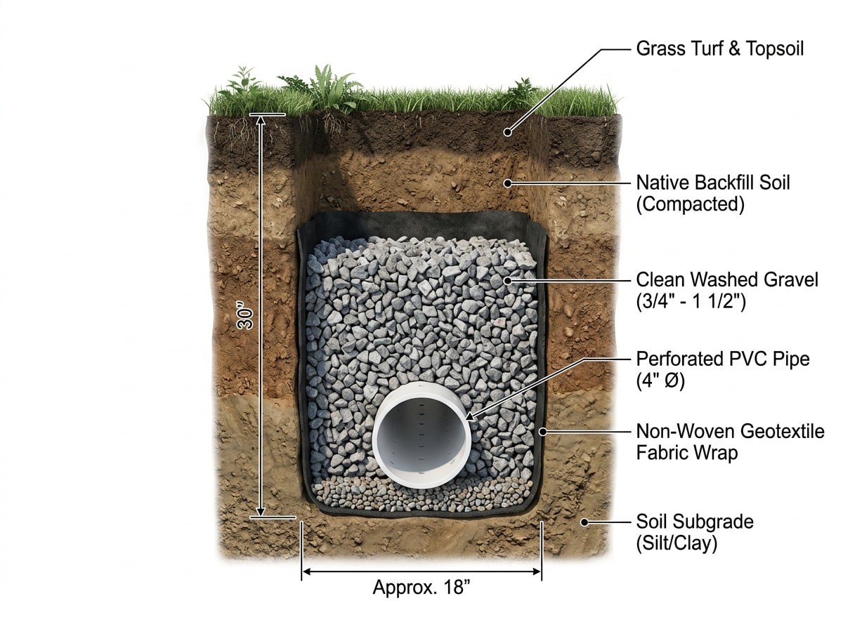 French drain cross-section diagram showing gravel, filter fabric, and perforated pipe