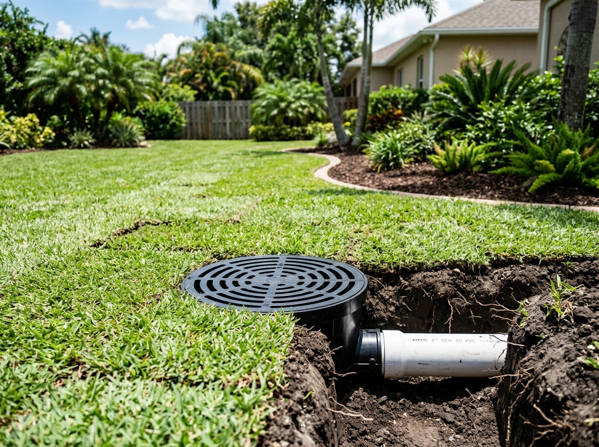 Finished catch basin and drainage pipe installed in a Sanford, FL lawn