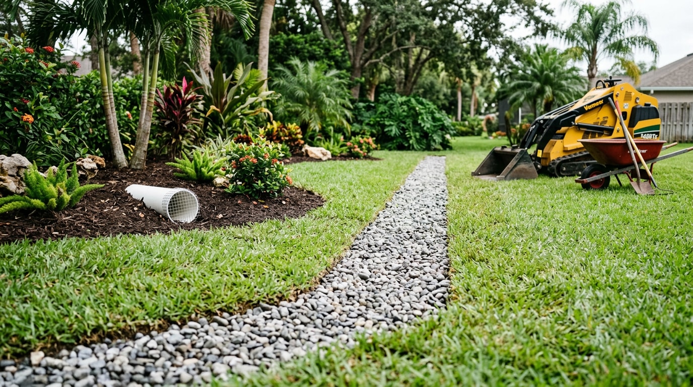Finished French drain trench and sod repair in a Sanford, FL backyard Finished French drain trench and sod repair in a Sanford, FL backyard
