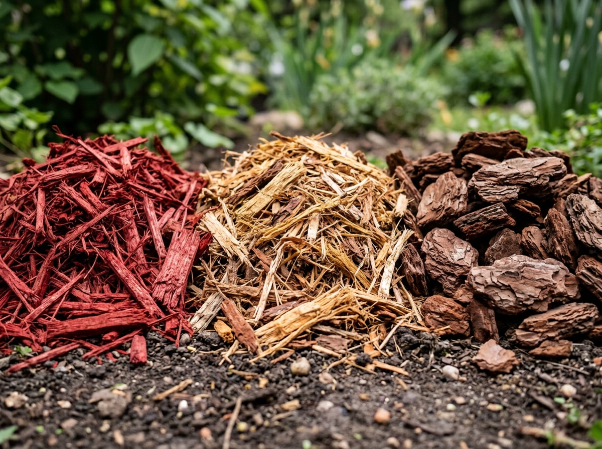 Close-up comparison of red mulch, cypress blend, and pine bark nugget samples