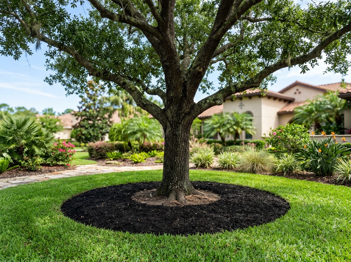 Properly mulched tree showing a bare gap around the trunk to prevent rot