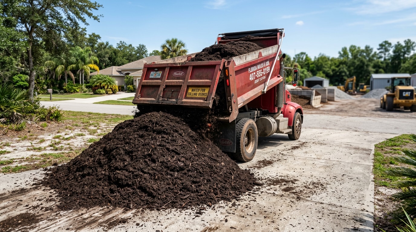Bulk mulch delivery truck unloading mulch at a Sanford, FL driveway