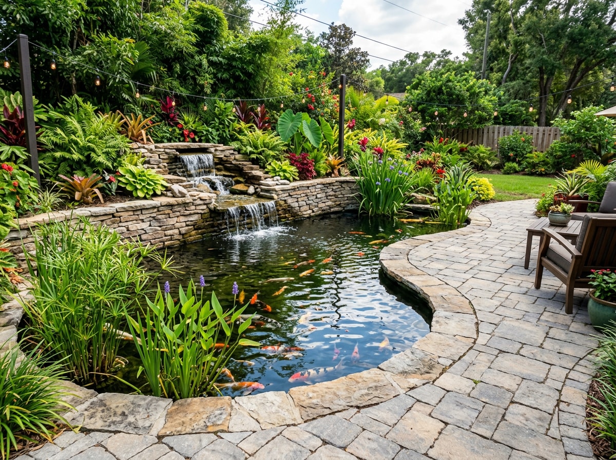 Finished backyard koi pond with waterfall and paver patio in Orlando, FL