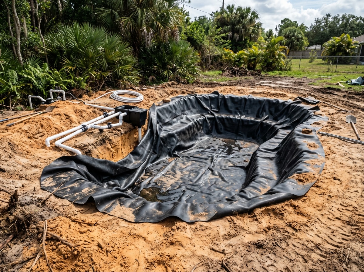 Pond excavation and liner installation during a Central Florida backyard project