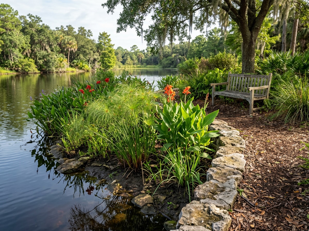 Pond edge planting with native Florida plants and seating area