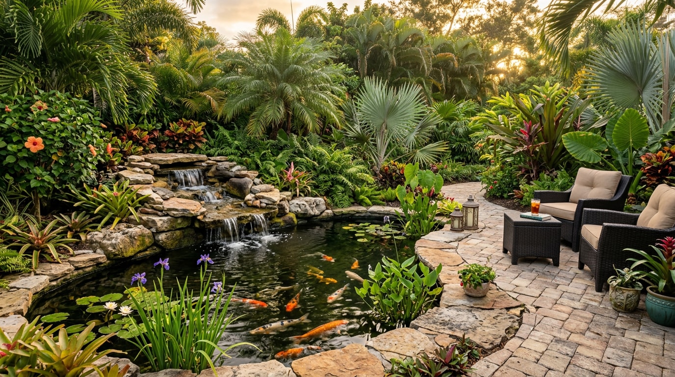 Backyard koi pond and waterfall landscaping in Orlando, FL