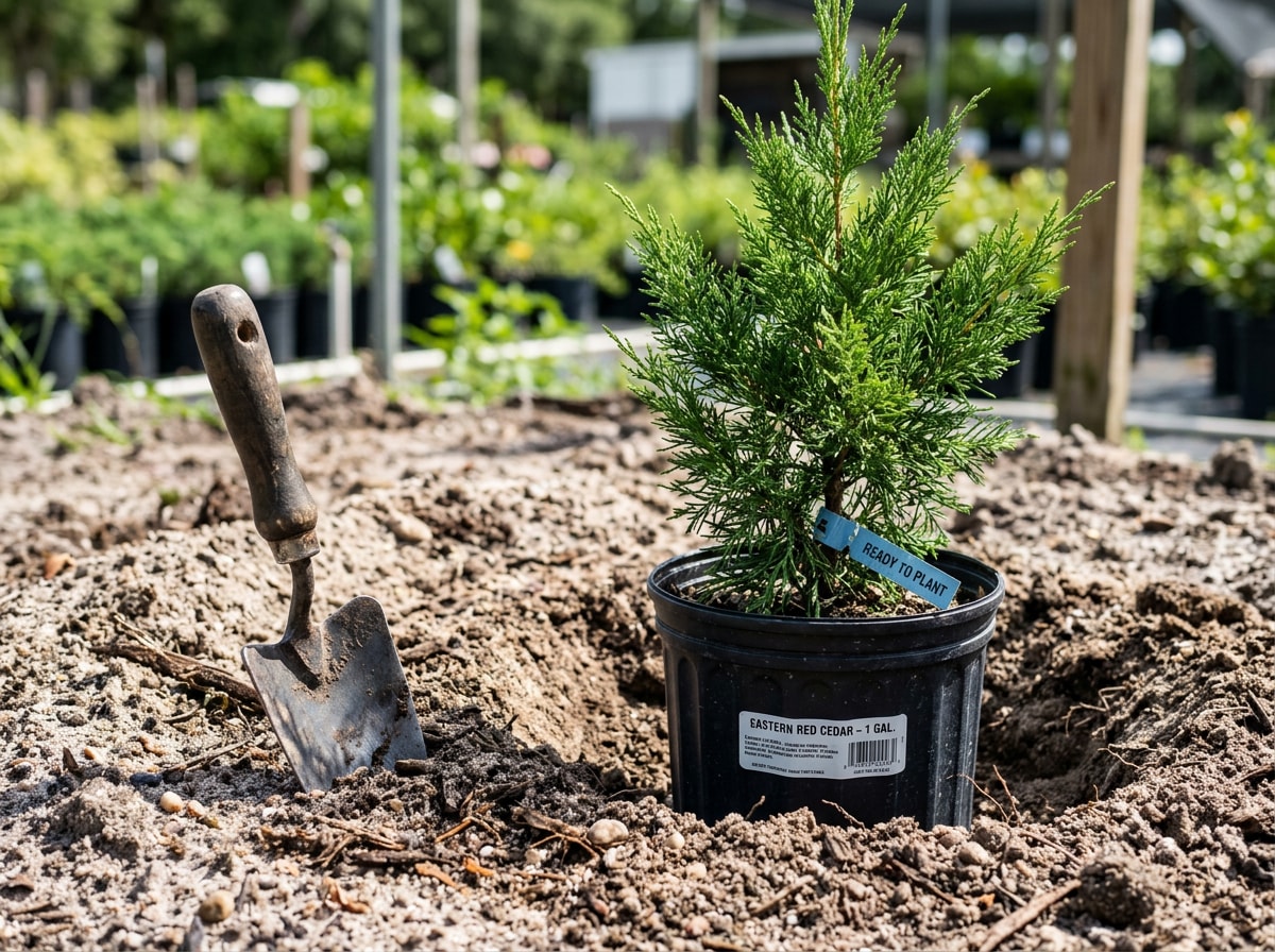 Sandy Florida soil with a hand trowel beside a small evergreen tree sapling ready for planting