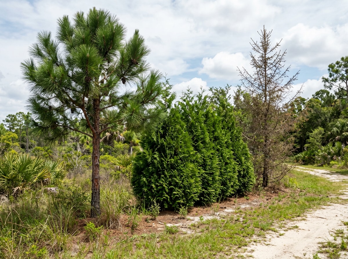 Side-by-side row comparison of a native pine, an arborvitae, and a struggling spruce in a Florida landscape