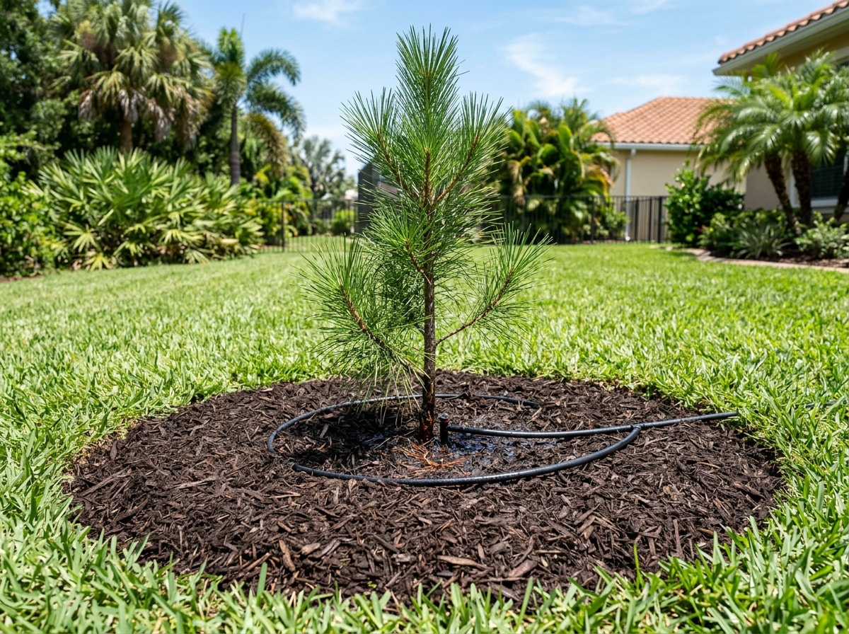 Freshly planted small evergreen tree with a mulch ring and drip irrigation line in a Florida yard